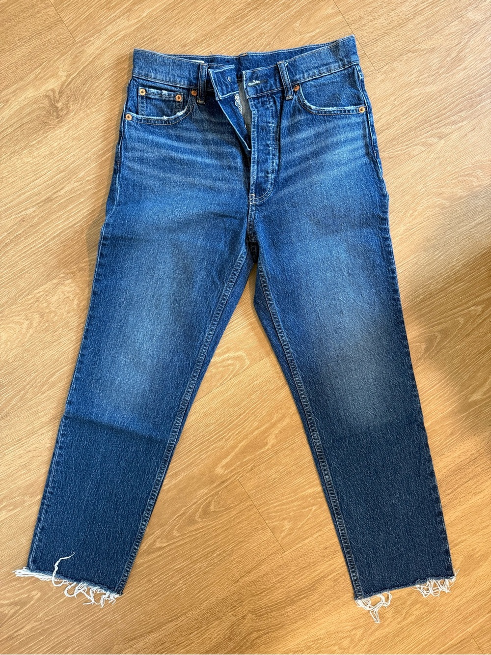 GAP Petite Dark Blue Cheeky Straight High Rise Jeans with Raw Hem